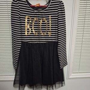 Striped Black Dress with Gold 'BOO!' Print